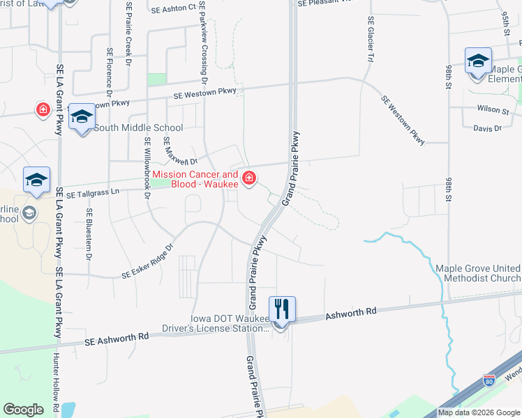 map of restaurants, bars, coffee shops, grocery stores, and more near 2727 Grand Prairie Parkway in Waukee