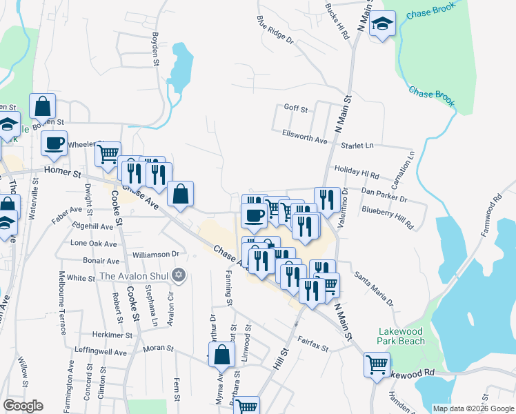 map of restaurants, bars, coffee shops, grocery stores, and more near 55 Kearney Drive in Waterbury