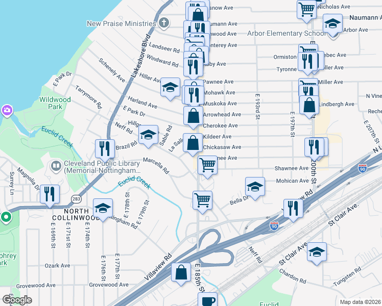 map of restaurants, bars, coffee shops, grocery stores, and more near 18405 Edgerton Road in Cleveland