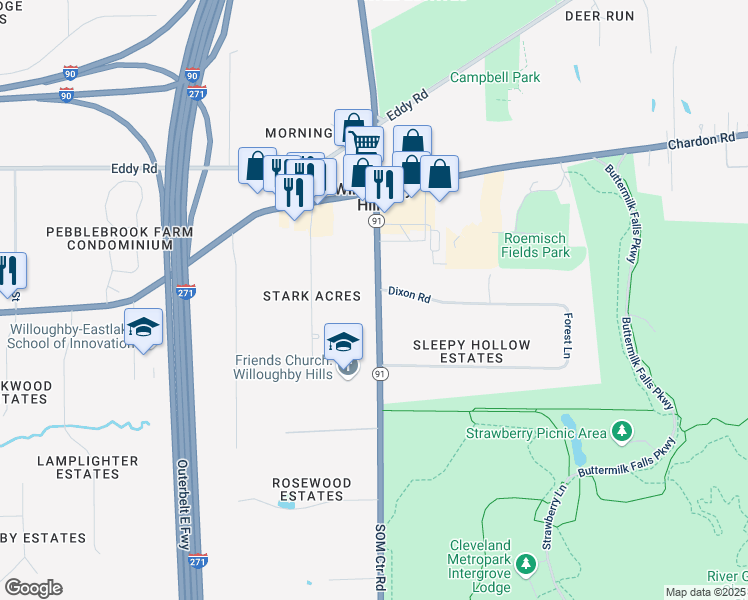 map of restaurants, bars, coffee shops, grocery stores, and more near 2804 Som Center Road in Willoughby Hills