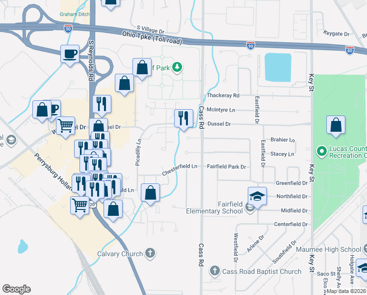 map of restaurants, bars, coffee shops, grocery stores, and more near 416 Kent Court in Maumee