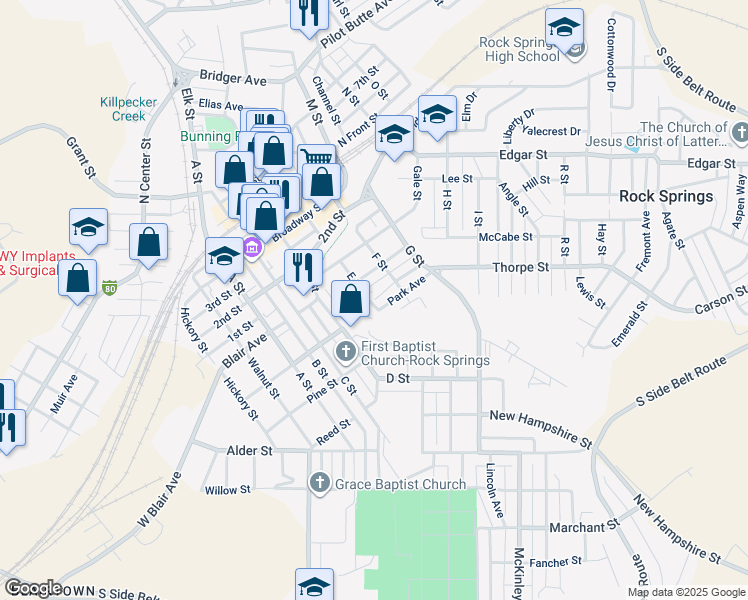 map of restaurants, bars, coffee shops, grocery stores, and more near 623 Park Avenue in Rock Springs