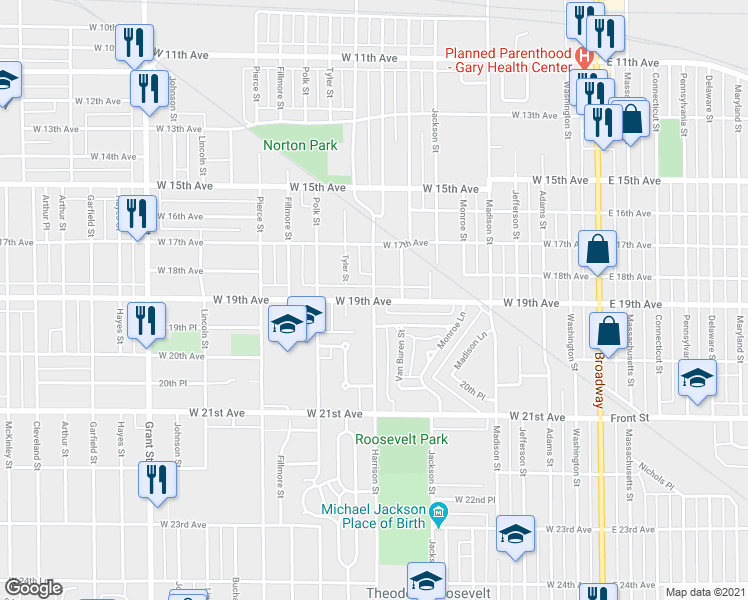 map of restaurants, bars, coffee shops, grocery stores, and more near 798 West 19th Avenue in Gary