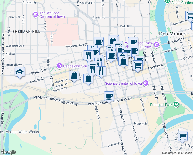 map of restaurants, bars, coffee shops, grocery stores, and more near 215 10th Street in Des Moines