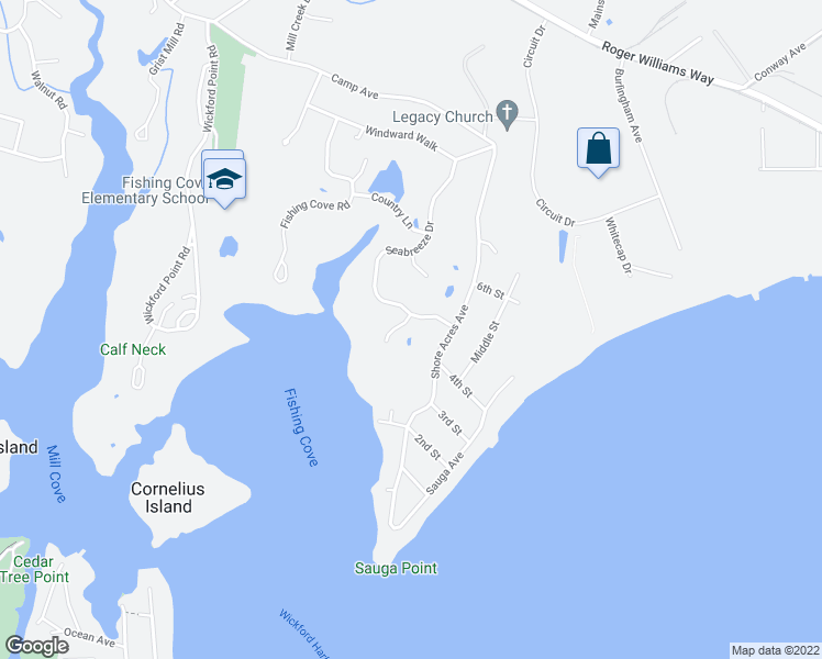 map of restaurants, bars, coffee shops, grocery stores, and more near 247 Seabreeze Drive in North Kingstown