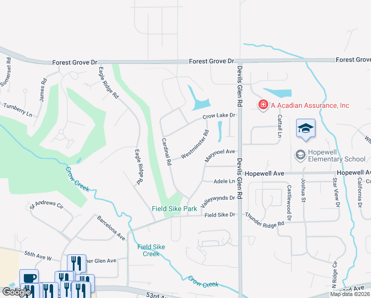 map of restaurants, bars, coffee shops, grocery stores, and more near 3214 Westminster Road in Bettendorf