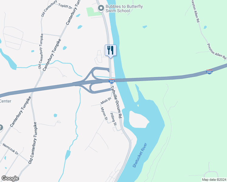 map of restaurants, bars, coffee shops, grocery stores, and more near Taftville-Occum Road in Norwich