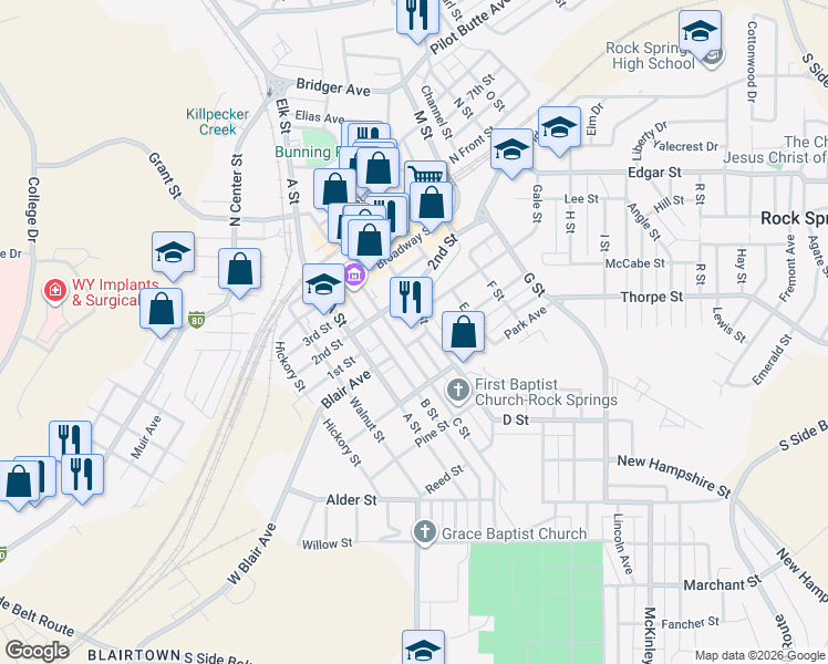 map of restaurants, bars, coffee shops, grocery stores, and more near 318 D Street in Rock Springs