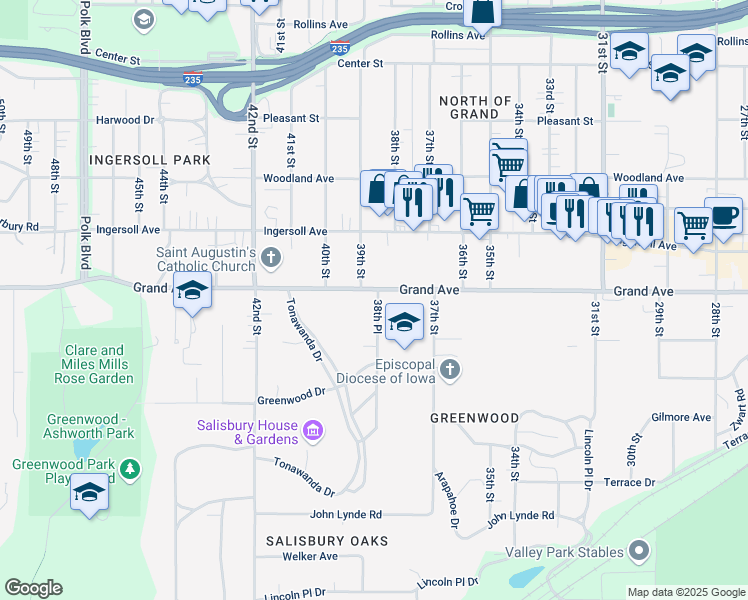 map of restaurants, bars, coffee shops, grocery stores, and more near 3820 Grand Avenue in Des Moines