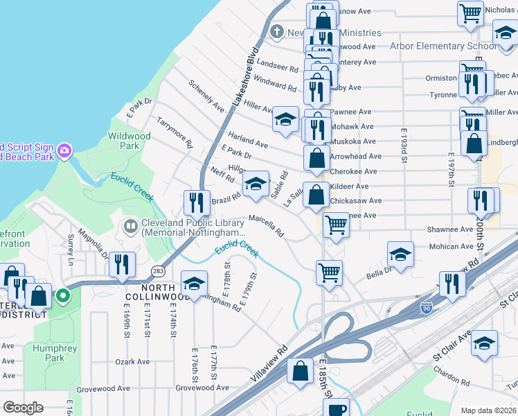 map of restaurants, bars, coffee shops, grocery stores, and more near 18022 Neff Rd in Cleveland