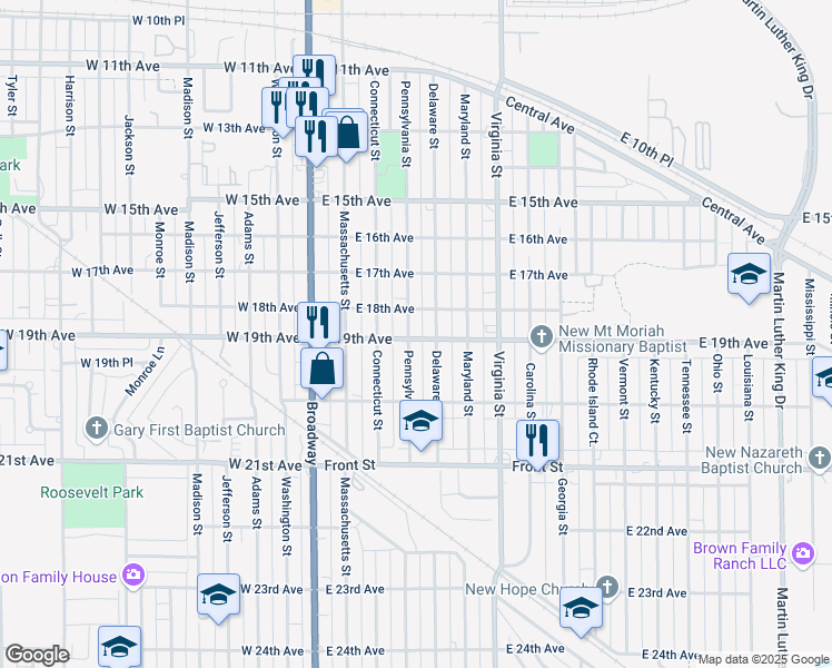 map of restaurants, bars, coffee shops, grocery stores, and more near 1817 Pennsylvania Street in Gary