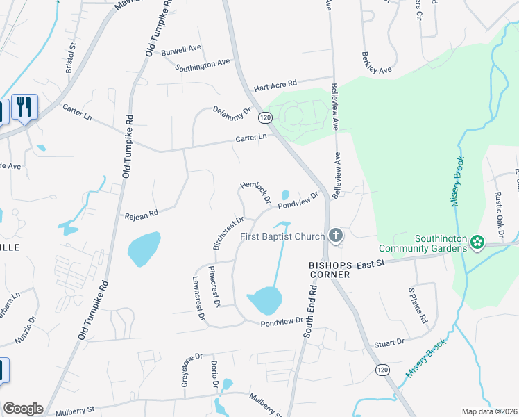 map of restaurants, bars, coffee shops, grocery stores, and more near 109 Pondview Drive in Southington