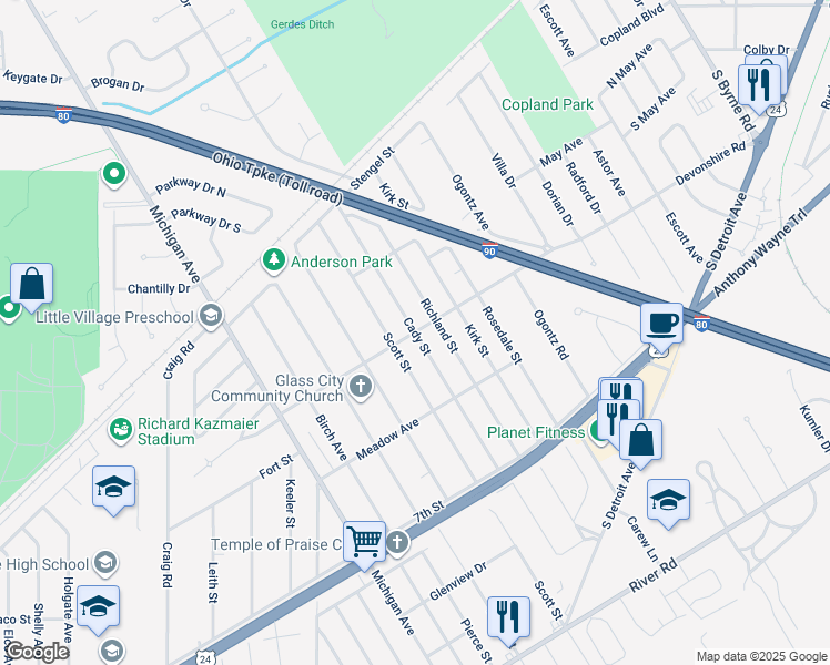 map of restaurants, bars, coffee shops, grocery stores, and more near 1199 Cady Street in Maumee
