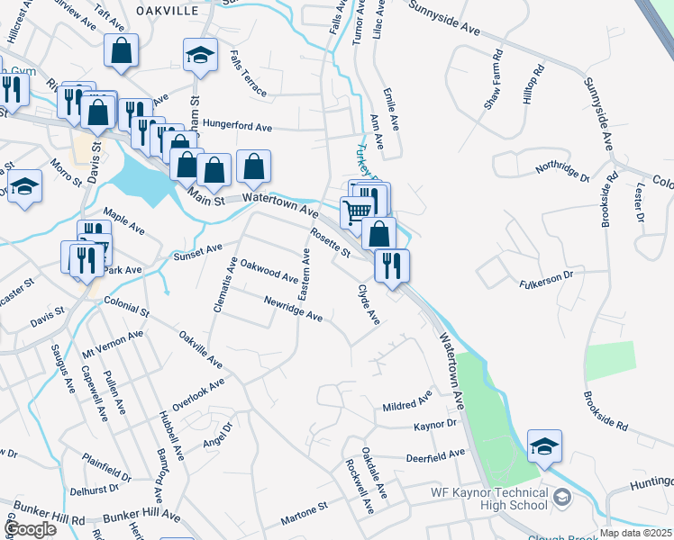 map of restaurants, bars, coffee shops, grocery stores, and more near 115 Clyde Avenue in Waterbury
