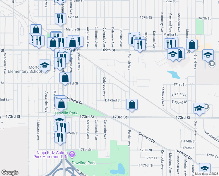 map of restaurants, bars, coffee shops, grocery stores, and more near 7102 Delaware Avenue in Hammond