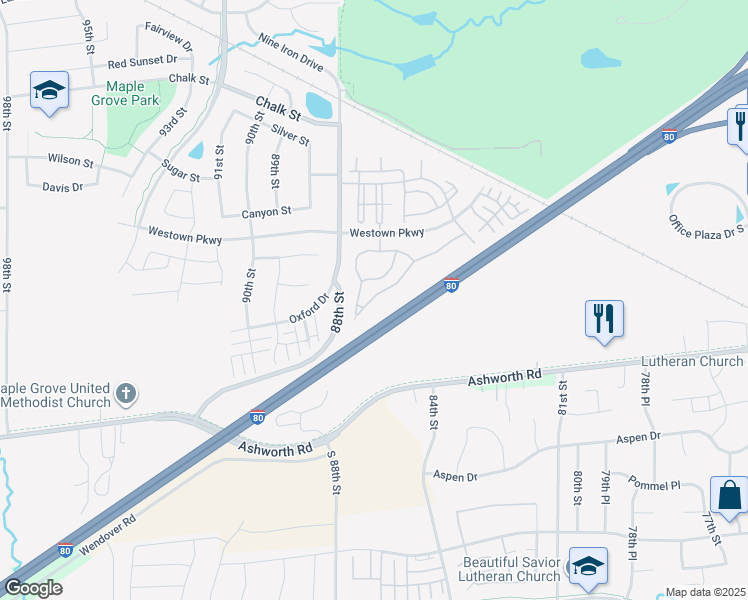map of restaurants, bars, coffee shops, grocery stores, and more near 8602 Westown Parkway in West Des Moines