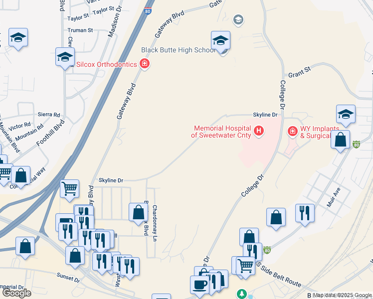 map of restaurants, bars, coffee shops, grocery stores, and more near Skyline Drive in Rock Springs