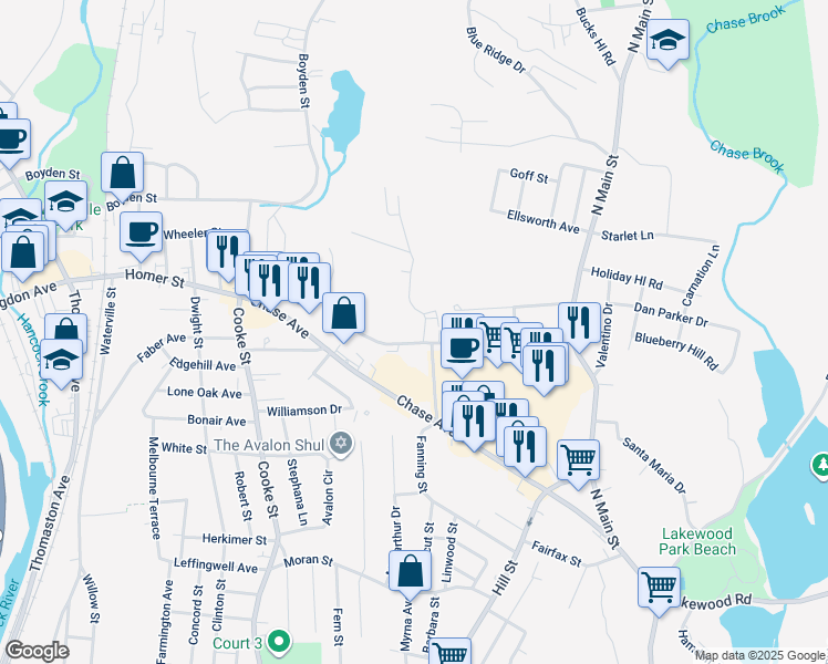 map of restaurants, bars, coffee shops, grocery stores, and more near 26 Judith Lane in Waterbury