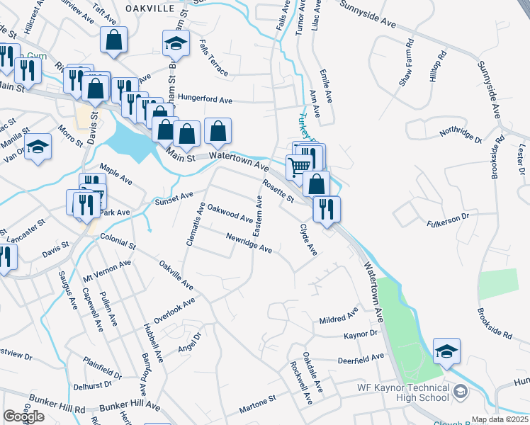 map of restaurants, bars, coffee shops, grocery stores, and more near 274 Eastern Avenue in Waterbury