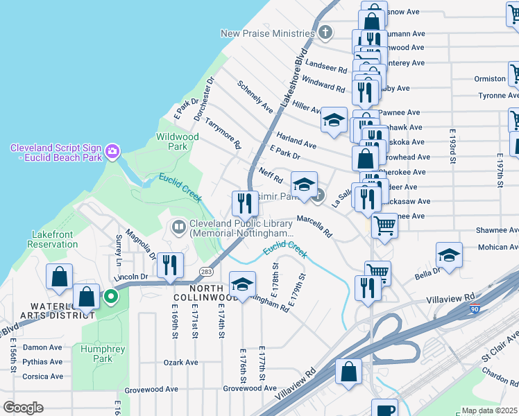 map of restaurants, bars, coffee shops, grocery stores, and more near 17815 Brazil Road in Cleveland