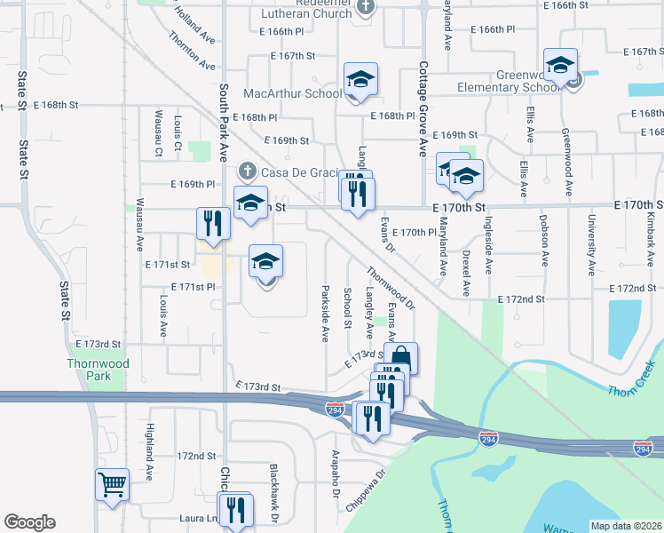 map of restaurants, bars, coffee shops, grocery stores, and more near 17100 School Street in South Holland