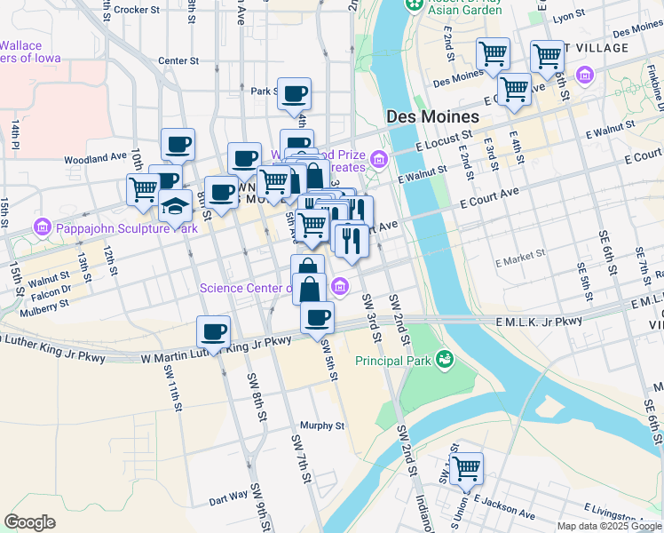 map of restaurants, bars, coffee shops, grocery stores, and more near 316 Court Avenue in Des Moines
