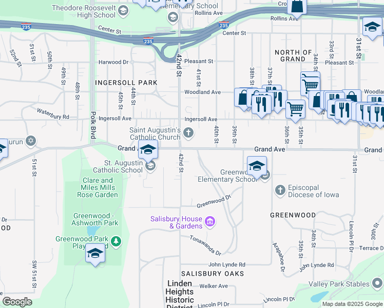 map of restaurants, bars, coffee shops, grocery stores, and more near 4100 Grand Avenue in Des Moines