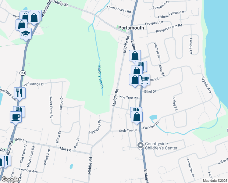 map of restaurants, bars, coffee shops, grocery stores, and more near 225 Middle Road in Portsmouth