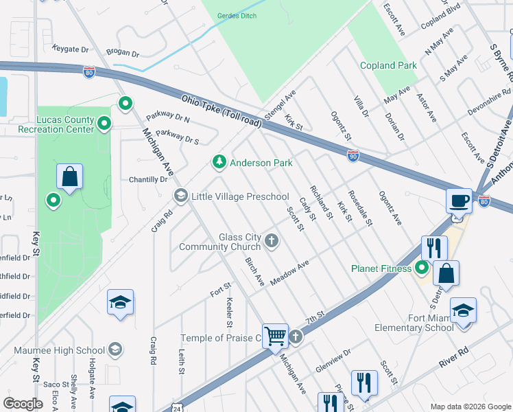 map of restaurants, bars, coffee shops, grocery stores, and more near 1308 Anderson Avenue in Maumee
