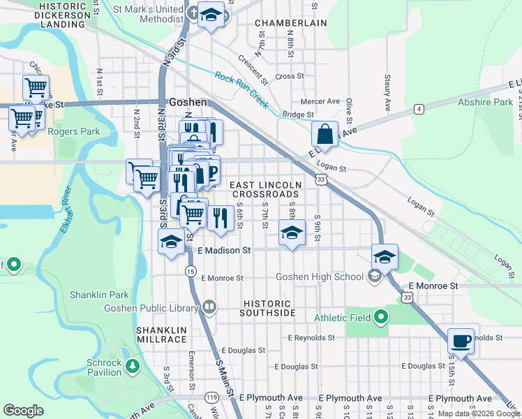 map of restaurants, bars, coffee shops, grocery stores, and more near 211 South 7th Street in Goshen