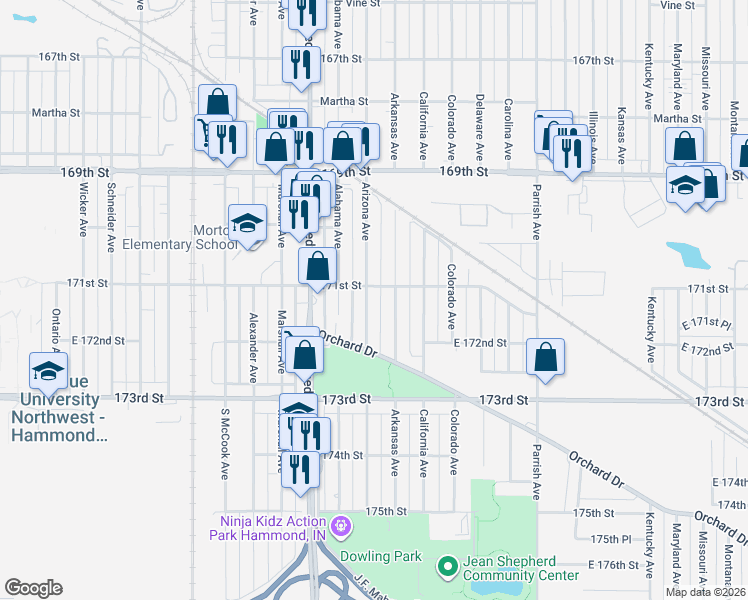 map of restaurants, bars, coffee shops, grocery stores, and more near 7105 Arizona Avenue in Hammond