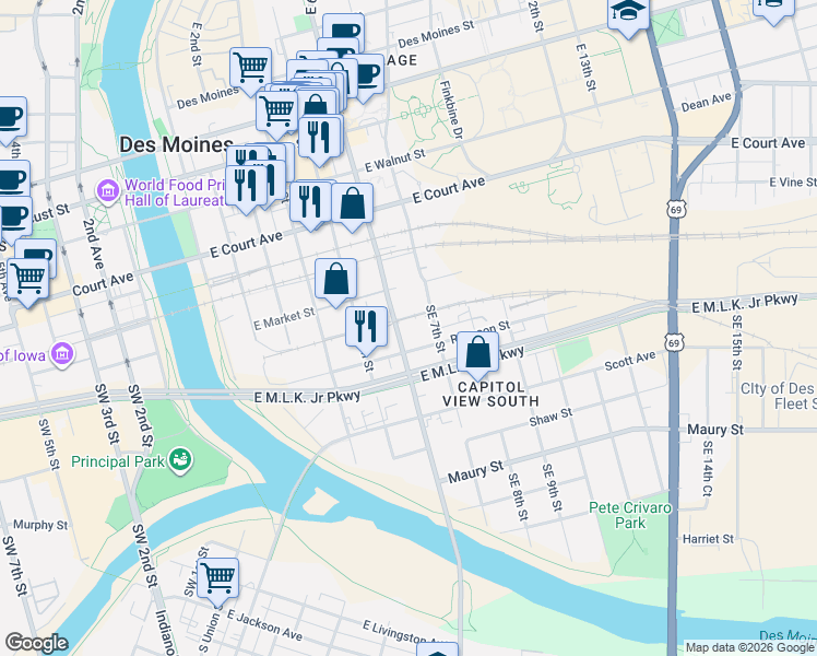 map of restaurants, bars, coffee shops, grocery stores, and more near 301 Southeast 6th Street in Des Moines