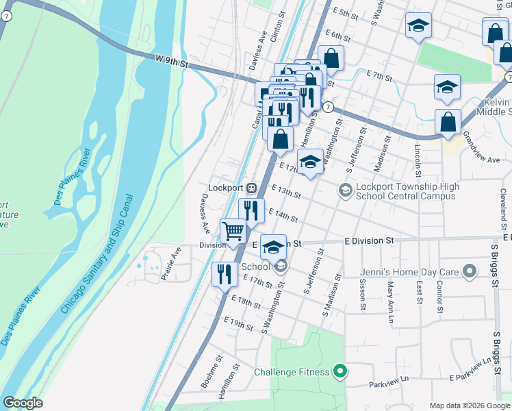 map of restaurants, bars, coffee shops, grocery stores, and more near 1401 South State Street in Lockport