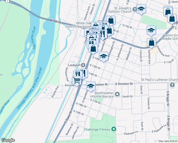 map of restaurants, bars, coffee shops, grocery stores, and more near 114 East 14th Street in Lockport