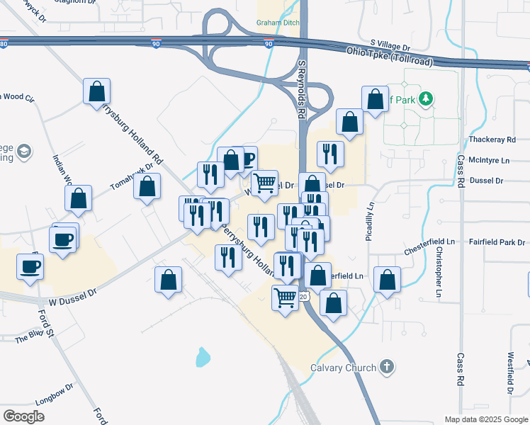 map of restaurants, bars, coffee shops, grocery stores, and more near 1435 South Reynolds Road in Maumee