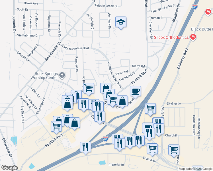 map of restaurants, bars, coffee shops, grocery stores, and more near 311-417 Peak Road in Rock Springs