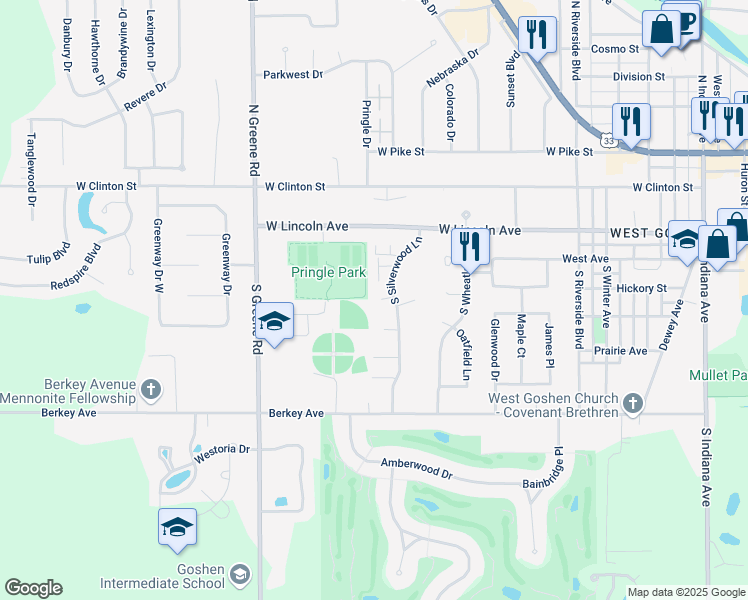 map of restaurants, bars, coffee shops, grocery stores, and more near 1825 Tiffany Court in Goshen