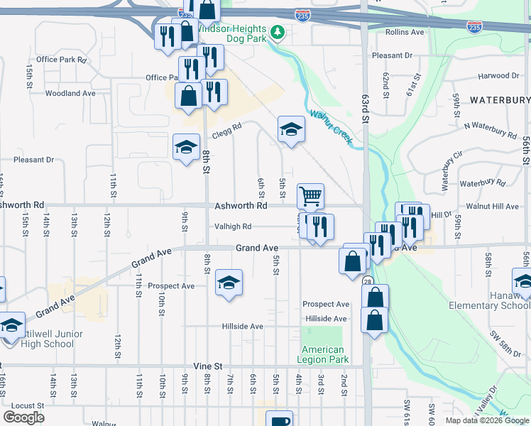 map of restaurants, bars, coffee shops, grocery stores, and more near 504 Ashworth Road in West Des Moines