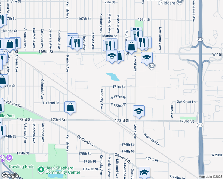 map of restaurants, bars, coffee shops, grocery stores, and more near 7109 Maryland Avenue in Hammond