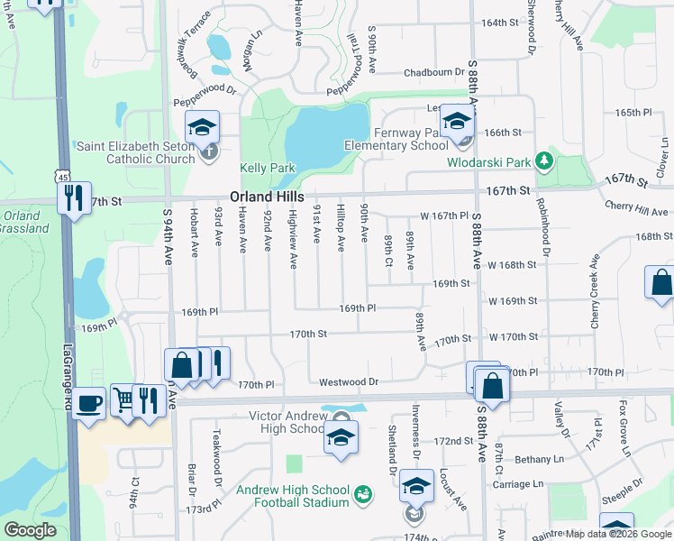 map of restaurants, bars, coffee shops, grocery stores, and more near 16801 91st Avenue in Orland Hills