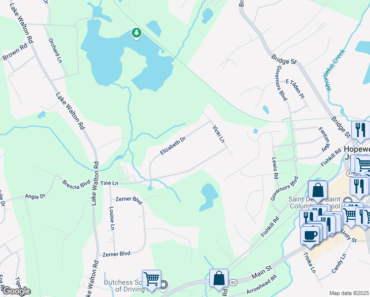 map of restaurants, bars, coffee shops, grocery stores, and more near 21 Elizabeth Dr in Hopewell Junction