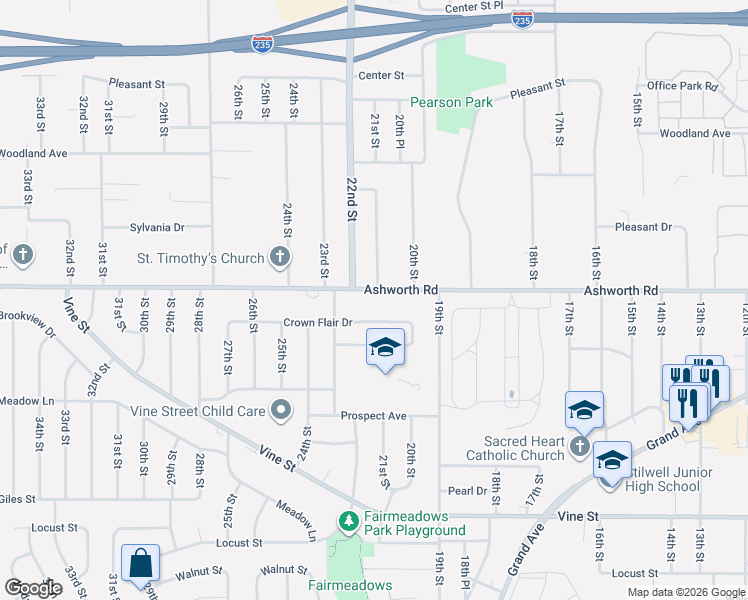 map of restaurants, bars, coffee shops, grocery stores, and more near 2104 Ashworth Road in West Des Moines