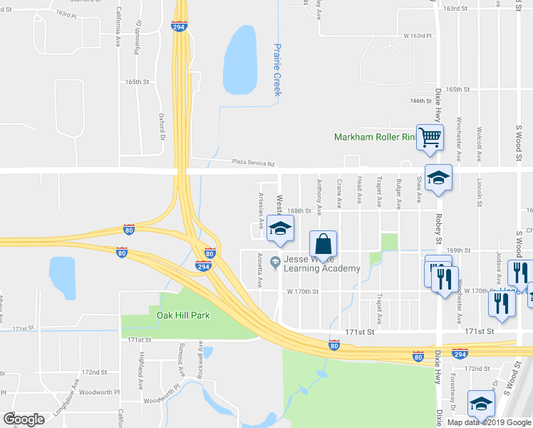 map of restaurants, bars, coffee shops, grocery stores, and more near 16801 Artesian Avenue in Hazel Crest