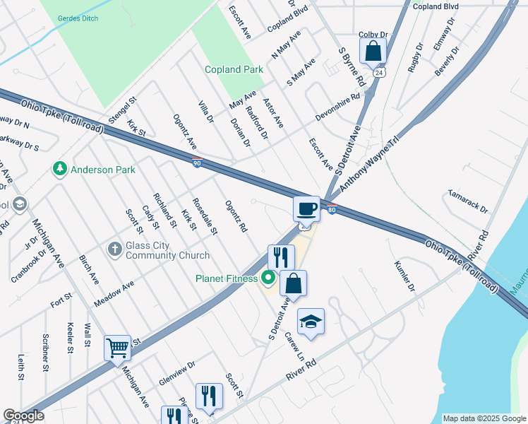 map of restaurants, bars, coffee shops, grocery stores, and more near 1017 Valley Grove Drive in Maumee