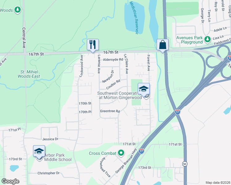map of restaurants, bars, coffee shops, grocery stores, and more near 5125 Deerpath Road in Oak Forest
