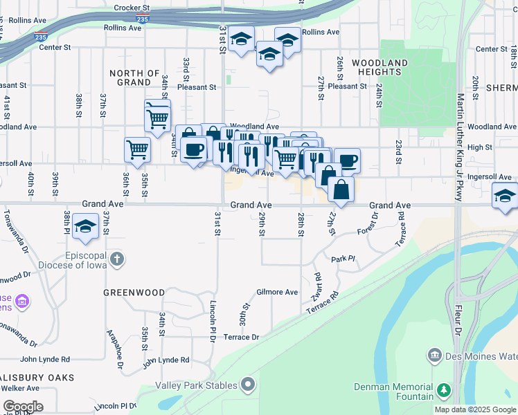 map of restaurants, bars, coffee shops, grocery stores, and more near 2901 Grand Avenue in Des Moines