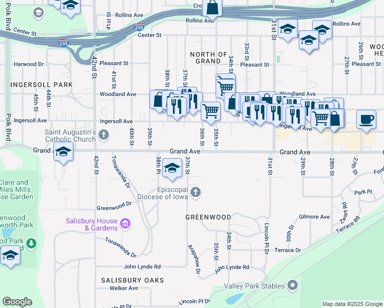 map of restaurants, bars, coffee shops, grocery stores, and more near 3698 Grand Avenue in Des Moines