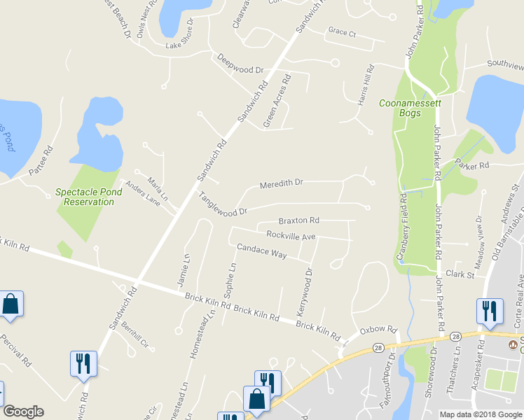 map of restaurants, bars, coffee shops, grocery stores, and more near 63 Tanglewood Drive in Falmouth