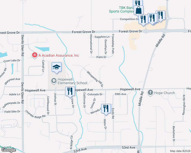 map of restaurants, bars, coffee shops, grocery stores, and more near 6138 Whispering Hill Drive in Bettendorf
