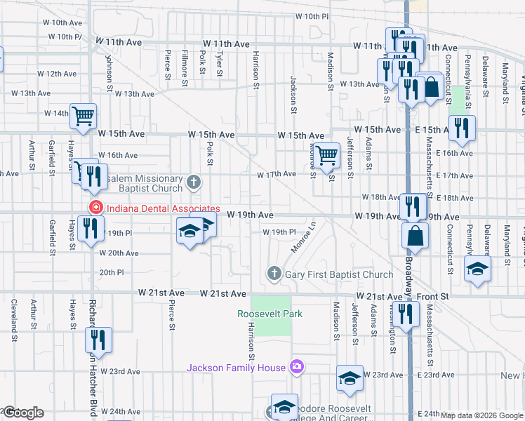 map of restaurants, bars, coffee shops, grocery stores, and more near 738 West 19th Place in Gary